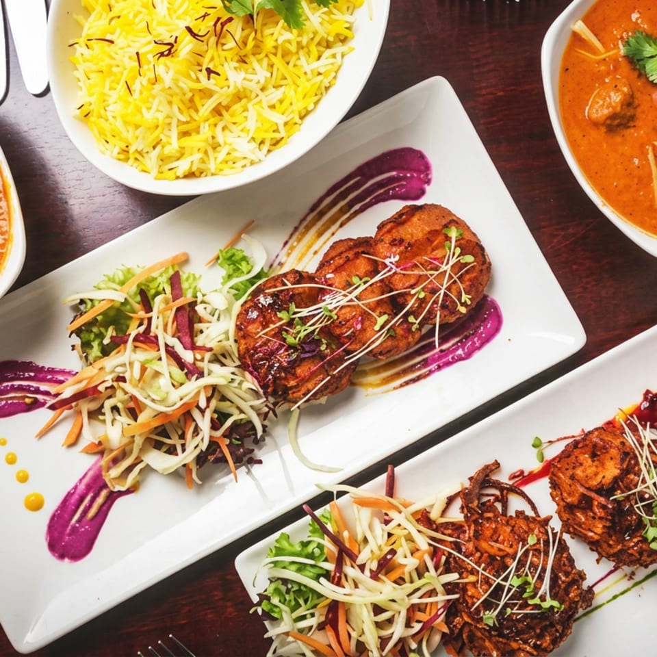 Indian spread with basmati rice, curries, grilled kebabs, slaw, and colorful garnishes on white plates.
